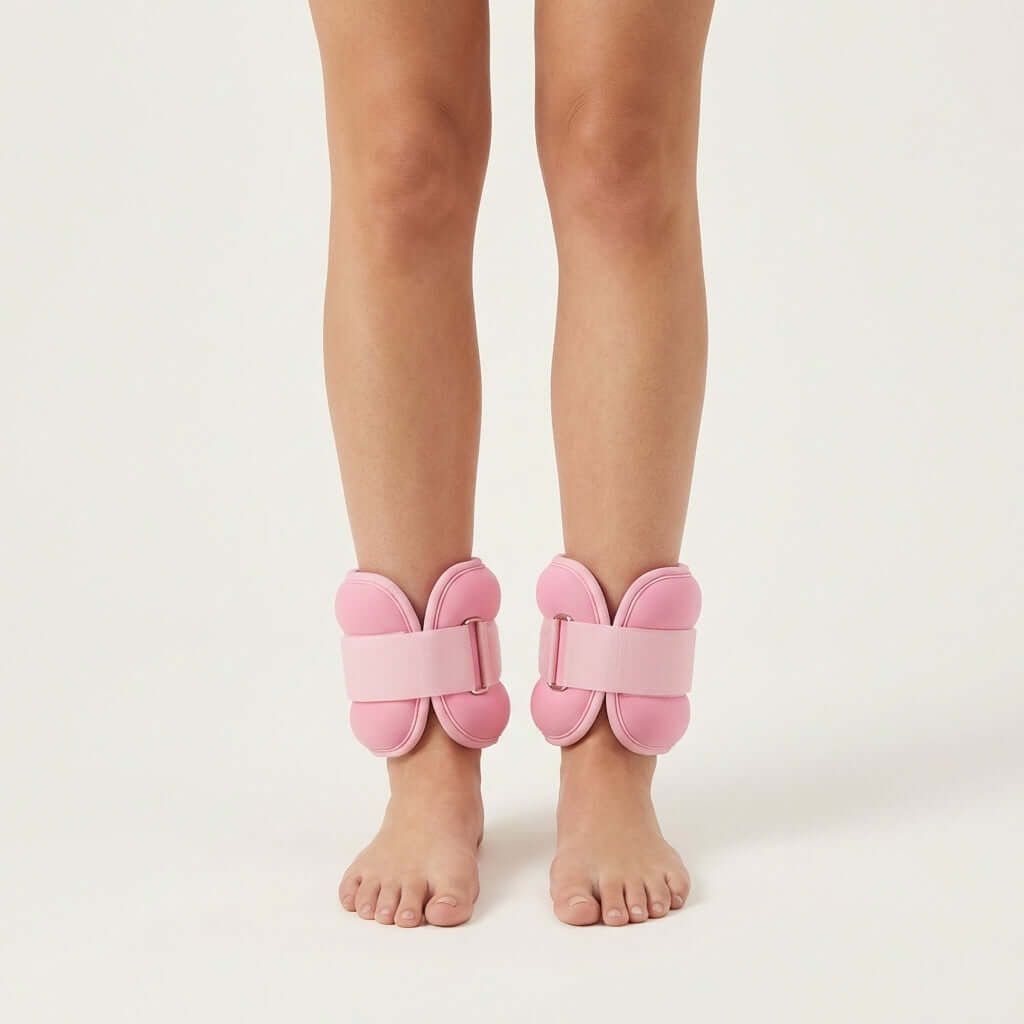 AeroFlex Ankle Weights in pink on a person's ankles for fitness and workout routines.